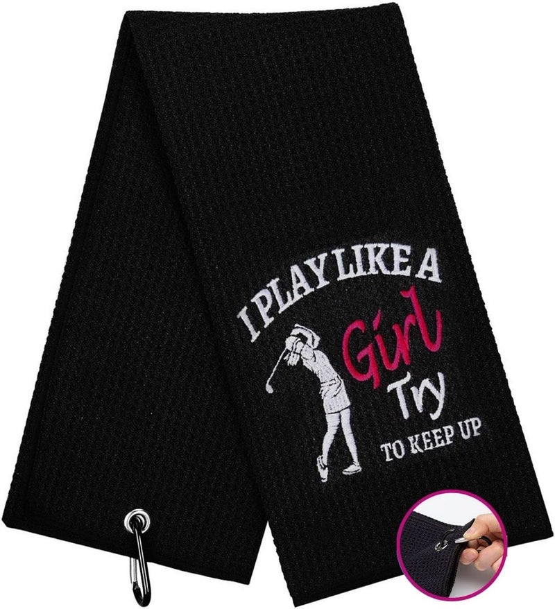 botogift Funny Golf Towel, I Play Like A Girl Try to Keep up - Golf Gifts for Women, Golf Accessories for Women, Embroidered Towels for Bags with Clip, Black - Image 1